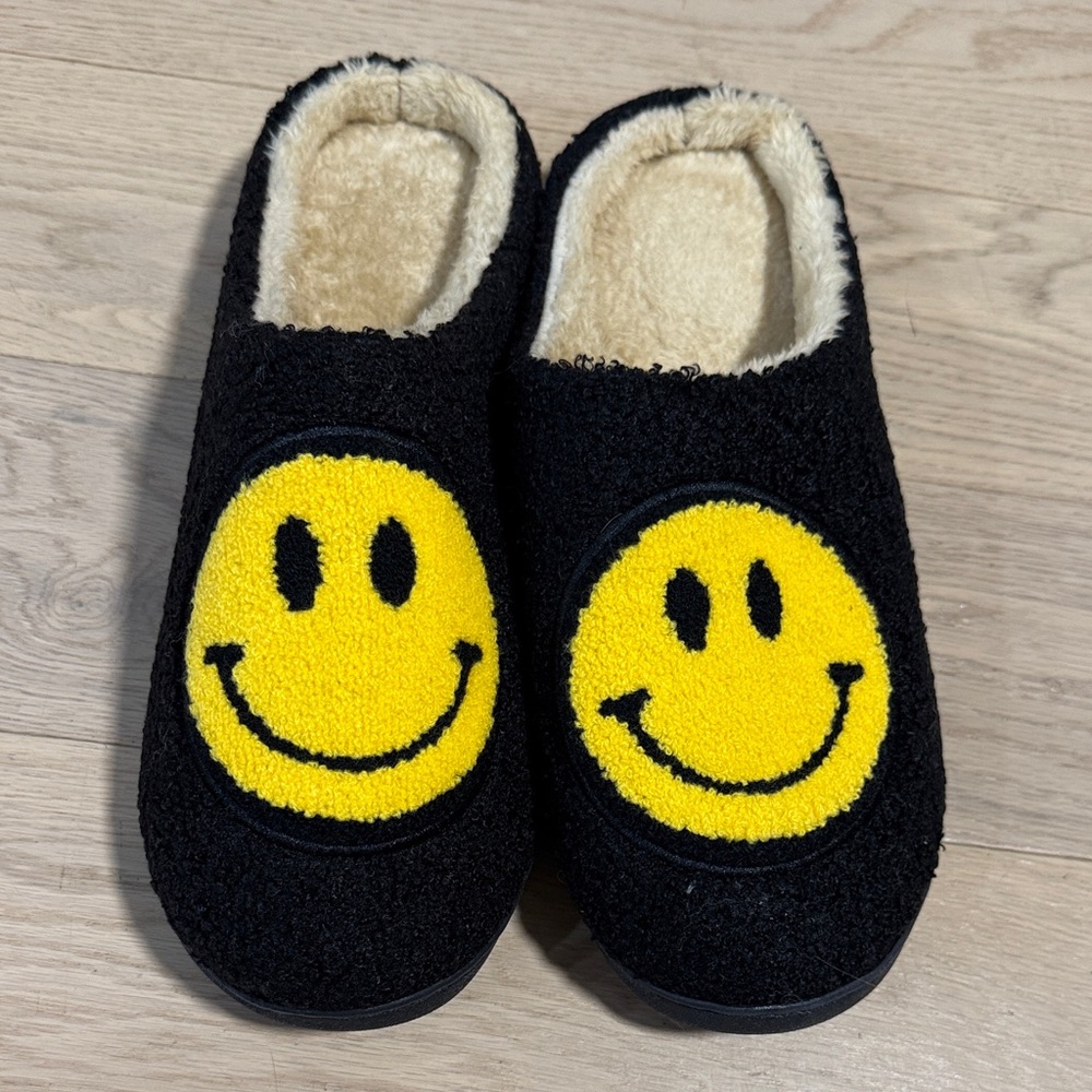 Black and Yellow Smiley Face Slippers
